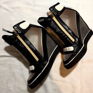 L.A.M.B. Black and Cream Wedge Sneakers